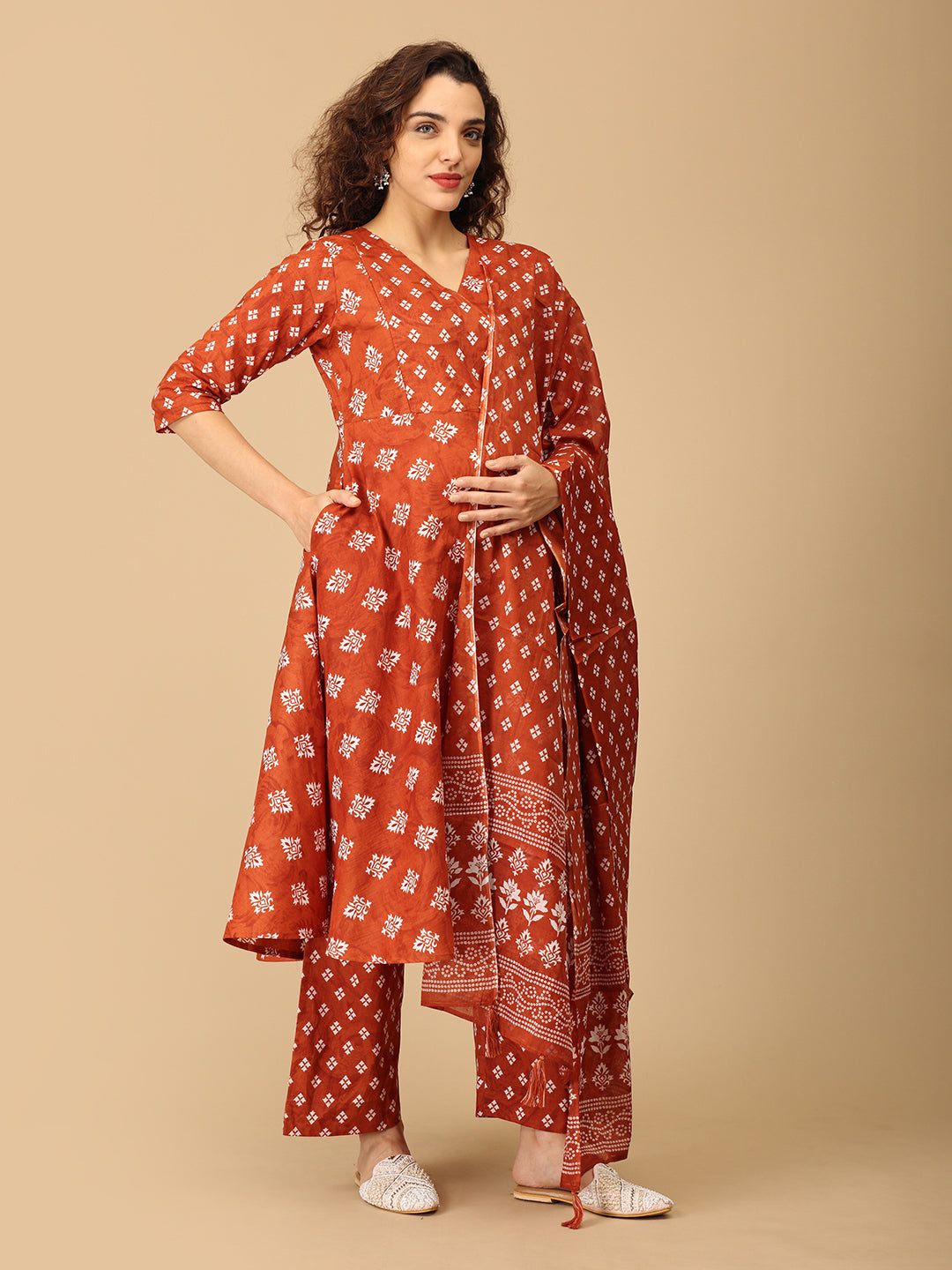 Rust Rasleela Maternity and Nursing Kurta Set With Dupatta