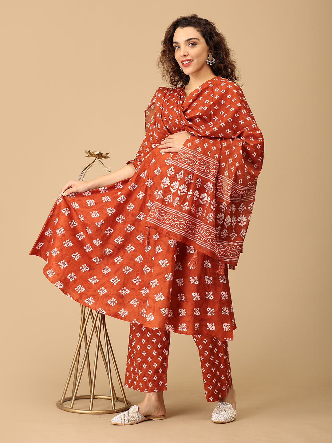 Rust Rasleela Maternity and Nursing Kurta Set With Dupatta