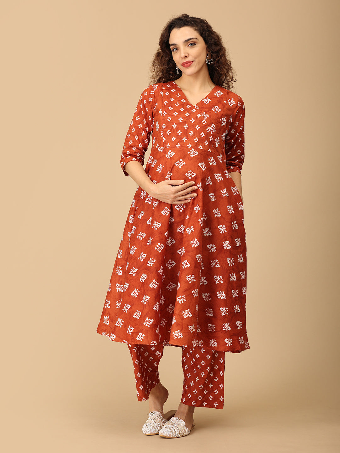 Rust Rasleela Maternity and Nursing Kurta Set With Dupatta