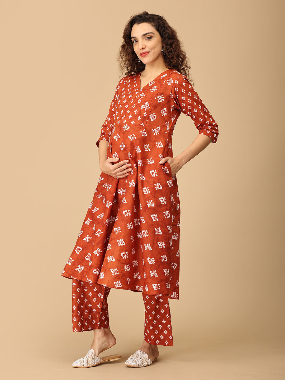 Rust Rasleela Maternity and Nursing Kurta Set With Dupatta