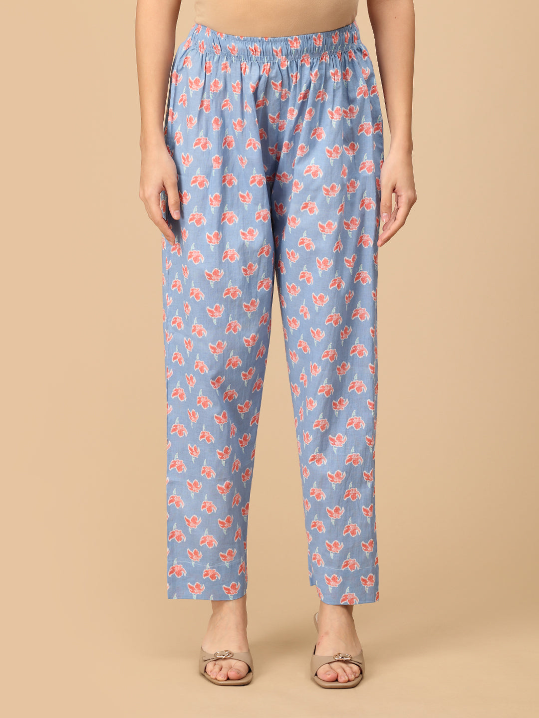 Front view of blue floral maternity pants – soft cotton elastic waist trousers for pregnancy.