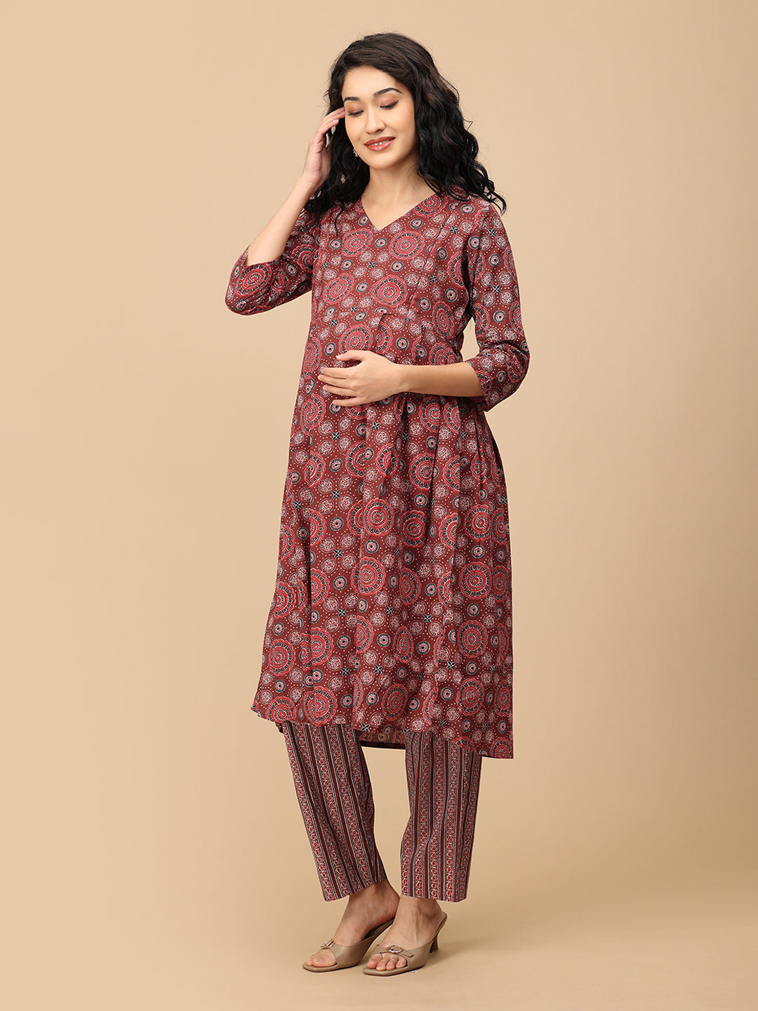 Sienna Bloom maternity and nursing kurta set featuring ethnic print kurta and striped pants – side pose.