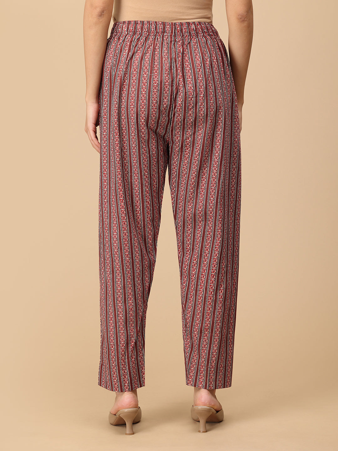 Back view of Sienna Bloom maternity striped printed pants with soft breathable fabric.