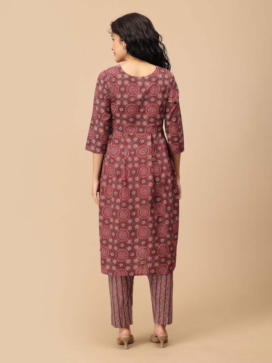 Back look of Sienna Bloom maternity and nursing kurta set showing printed kurta and striped pants