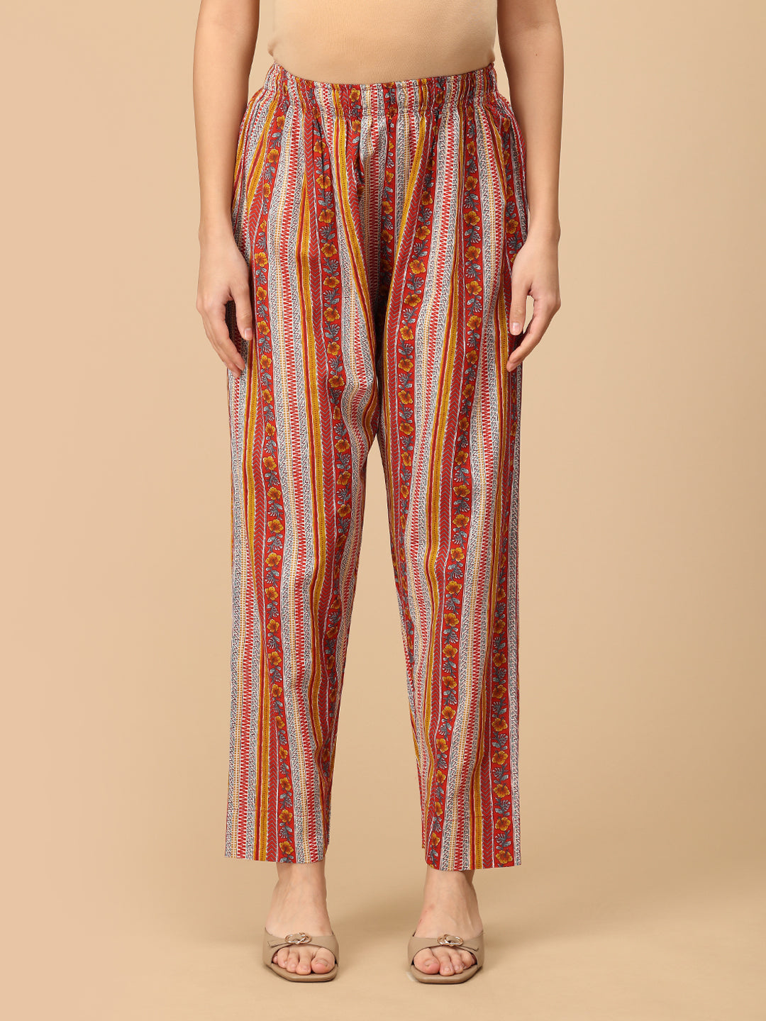 Red striped maternity pants with floral prints – comfortable cotton pregnancy trousers