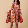 Flowy red printed dupatta styled with floral maternity kurta and striped pants