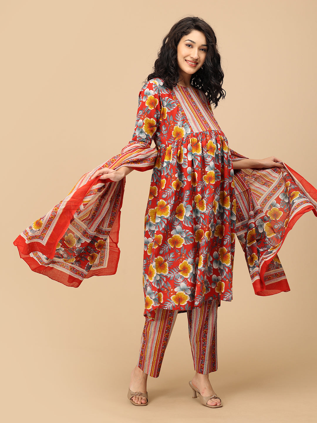 Red floral maternity kurta set with striped printed dupatta – full ethnic pregnancy outfit