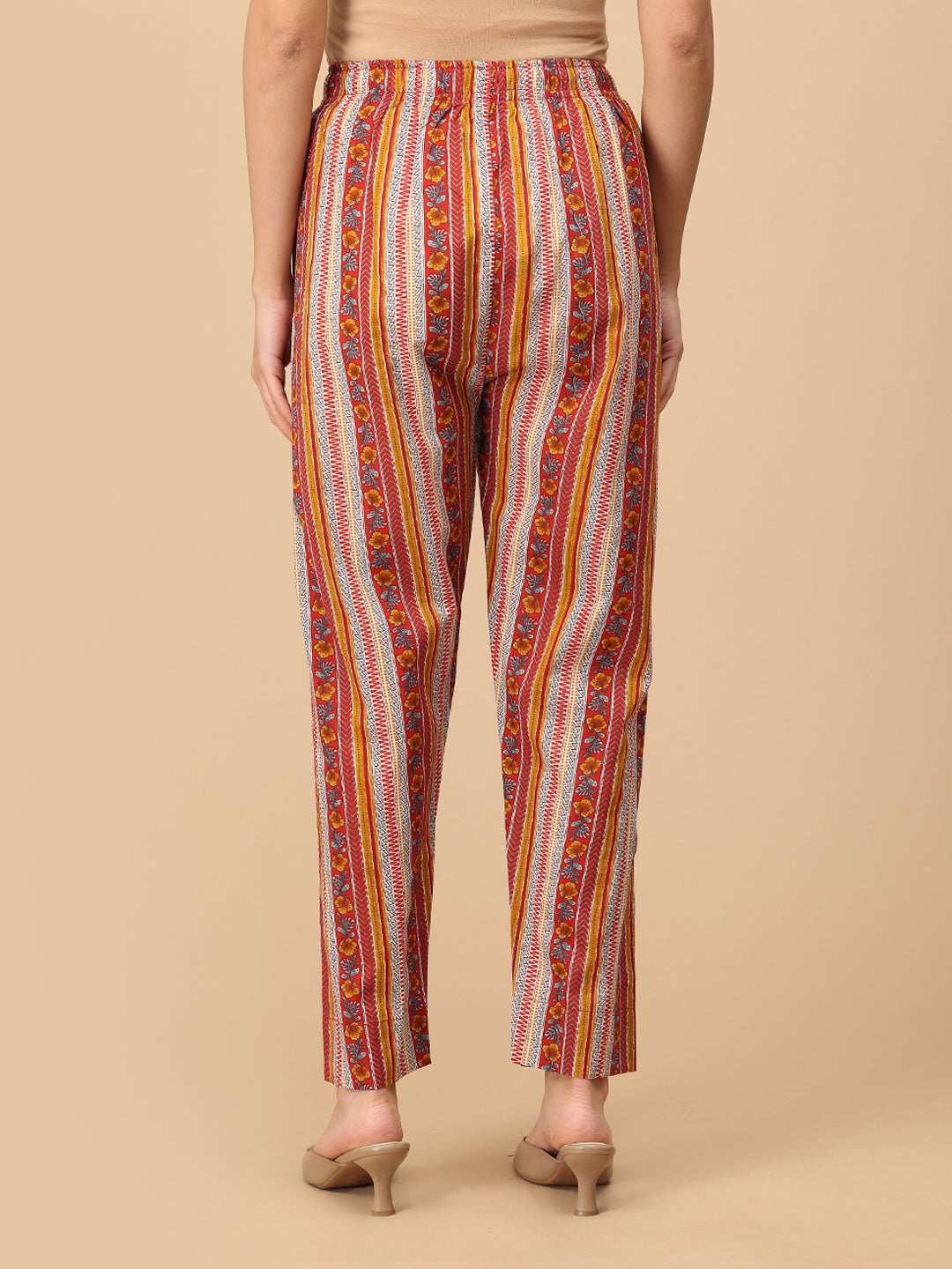 Back view of red striped maternity pants – breathable printed pregnancy trousers