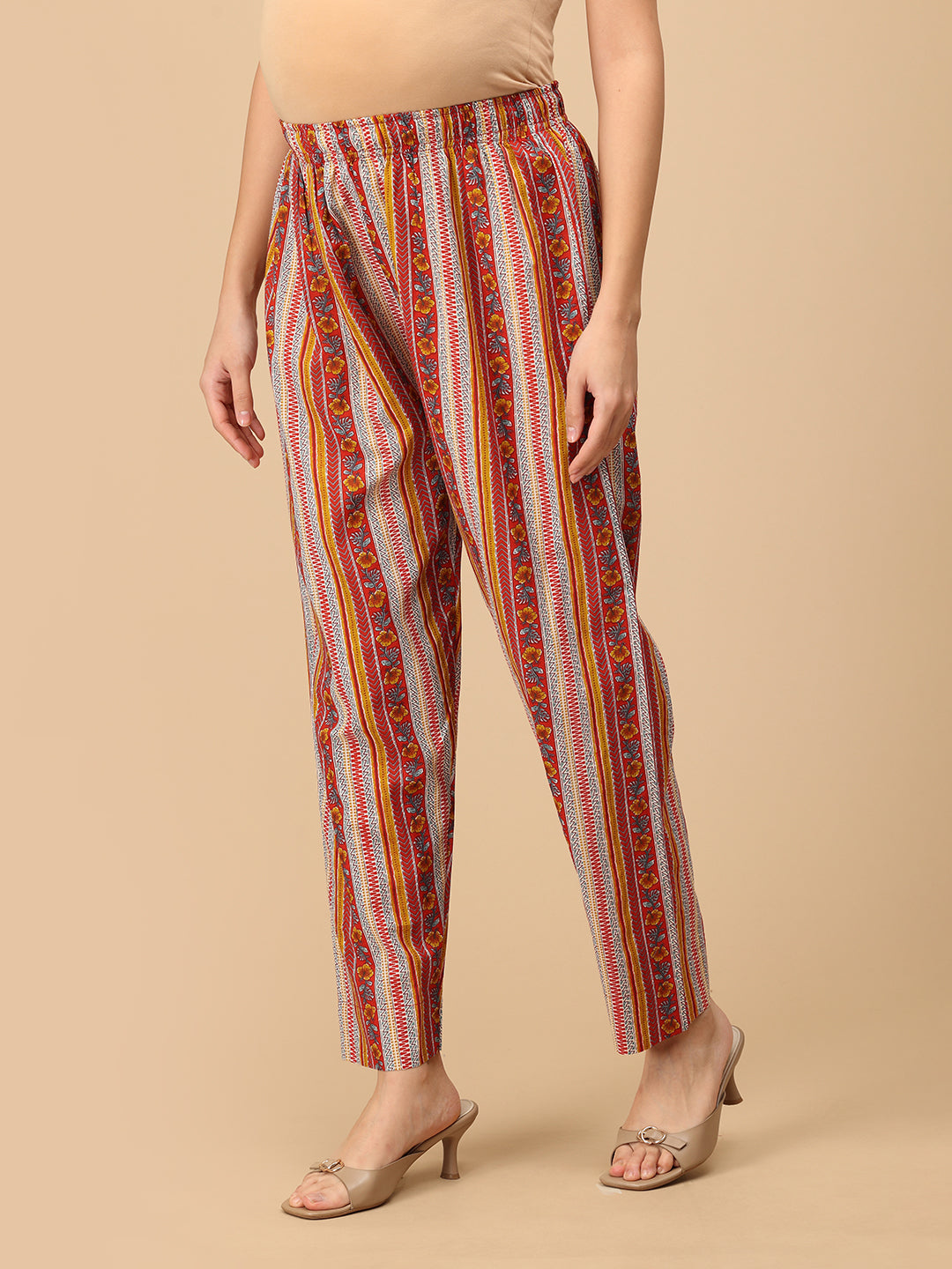 Side view Red striped maternity pants with floral prints – comfortable cotton pregnancy trousers