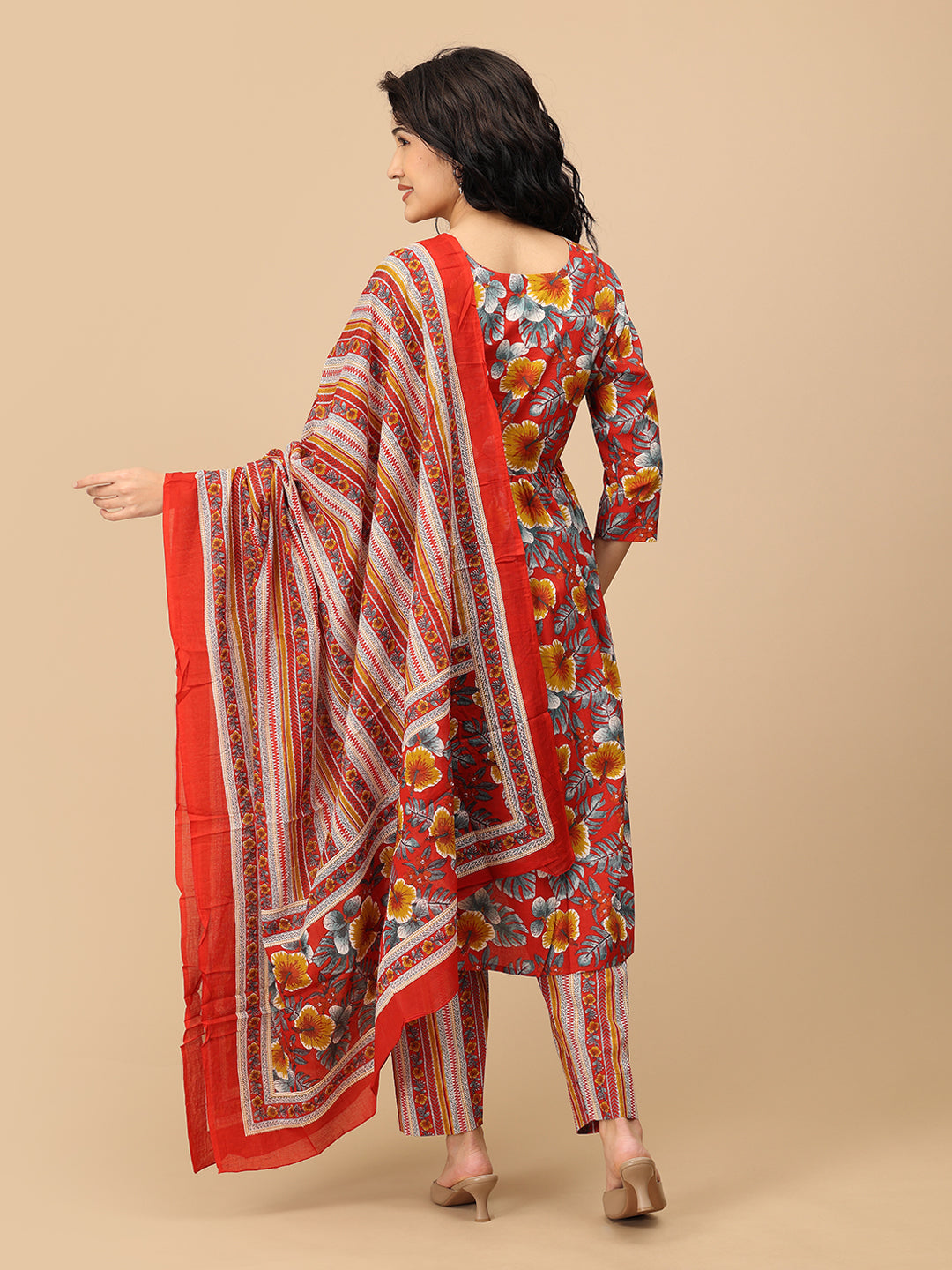 Back view of red floral maternity and nursing kurta paired with striped pregnancy pants with Dupatta