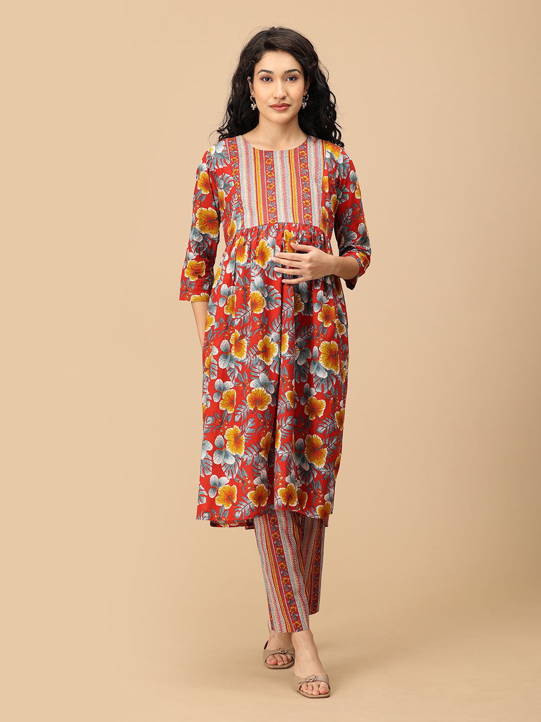 Front view of maternity kurta set with red floral print pant