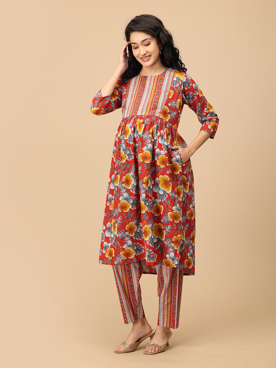Red floral maternity and nursing kurta with striped yoke design and matching pants