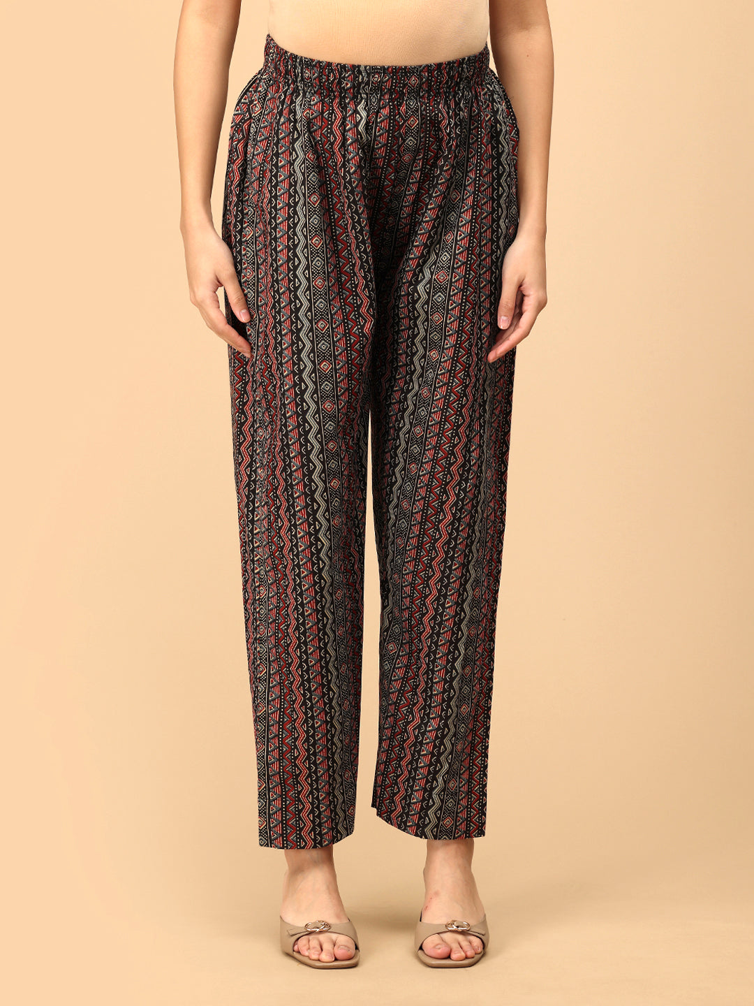 Siyah Maternity Straight Pants in black and red zigzag print with elasticated waistband