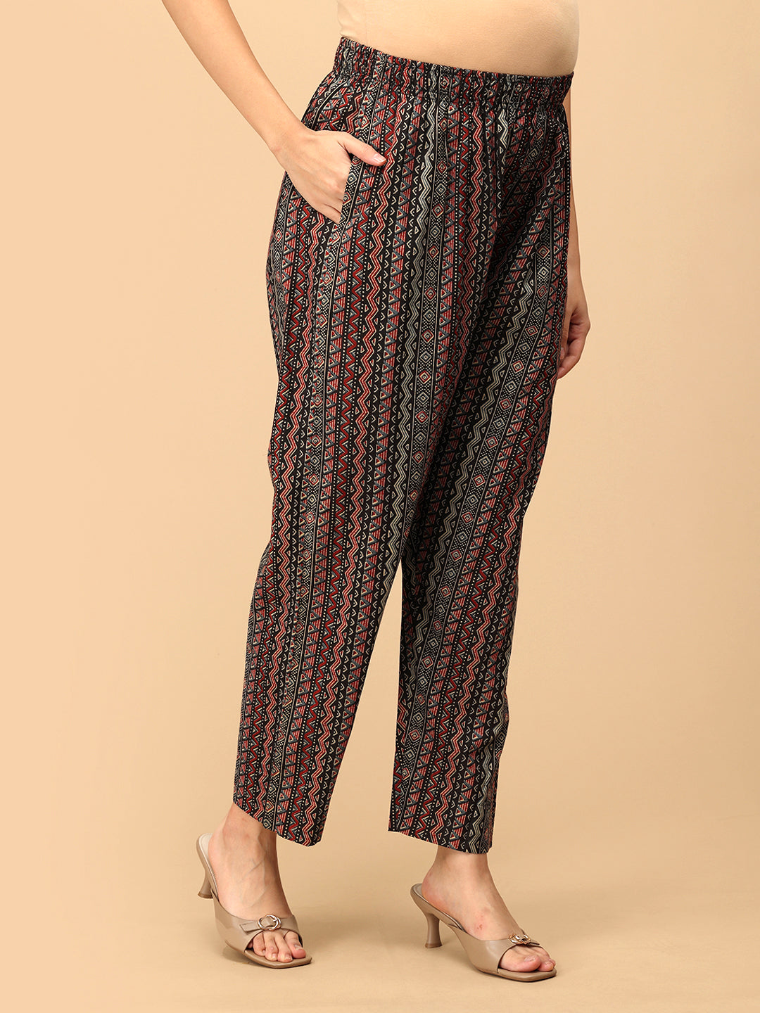 Siyah Maternity Straight Pants in black and red zigzag print with elasticated waistband, side view