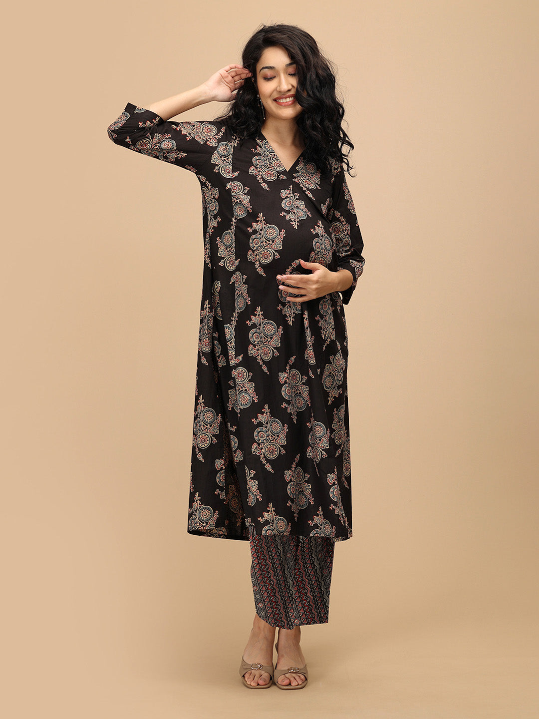 Front view of Siyah Maternity and Nursing Anarkali Kurta with traditional black and multicolour motifs and nursing access
