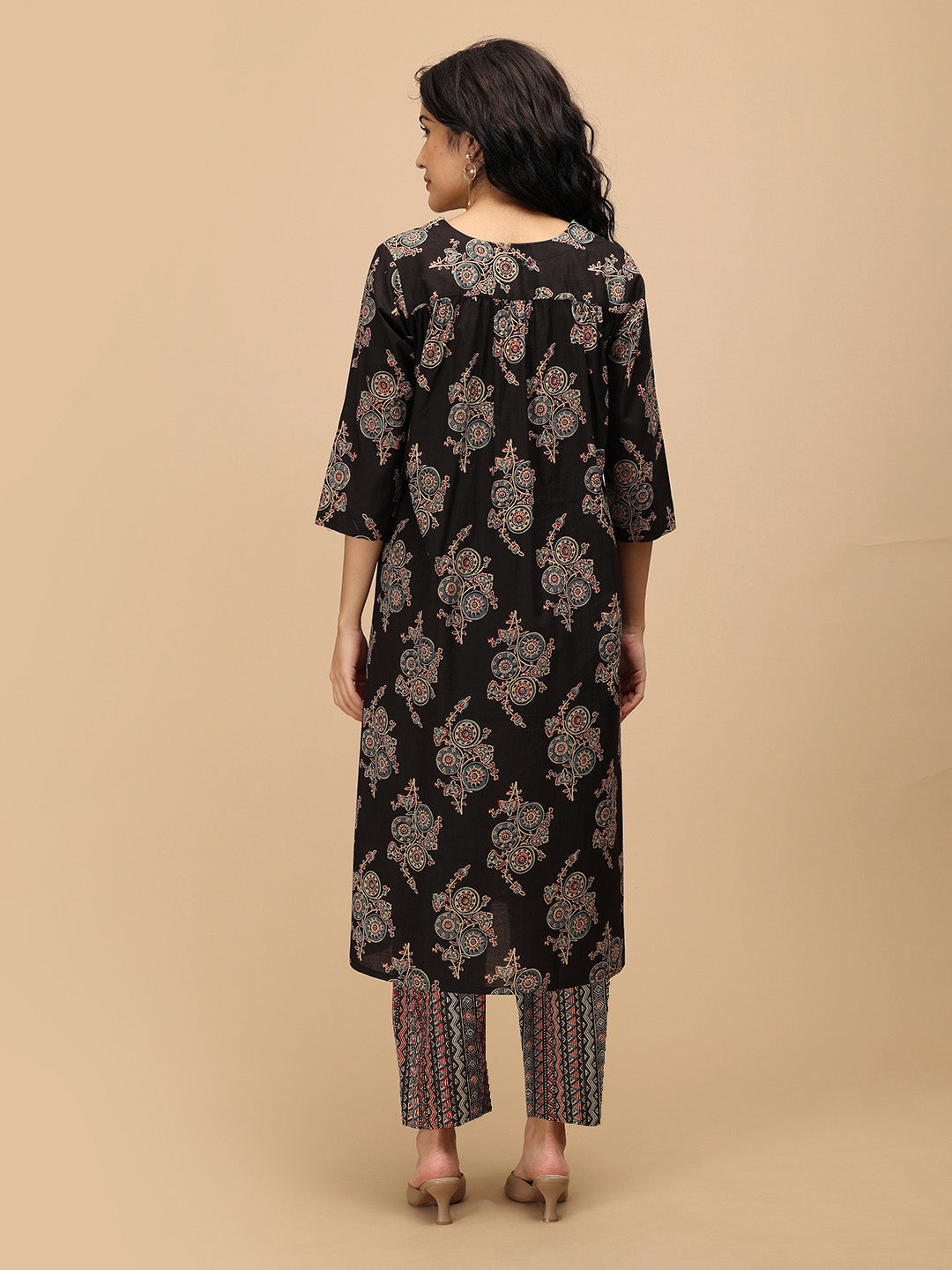 Back view of Siyah Maternity and Nursing Anarkali Kurta Set featuring black printed kurta and coordinated pants.