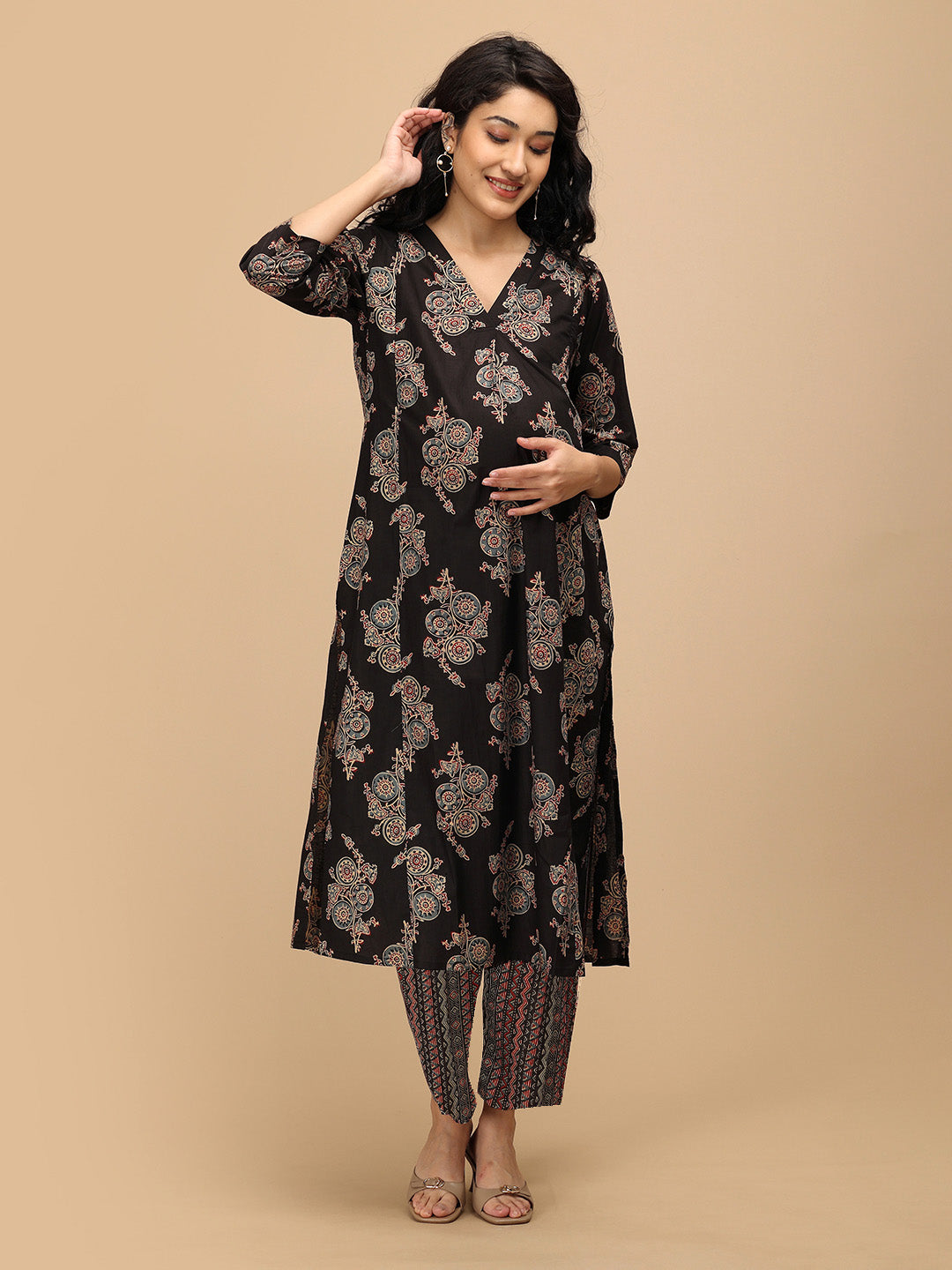 Siyah Maternity Anarkali Kurta and printed pants set with comfortable flared silhouette – front view.