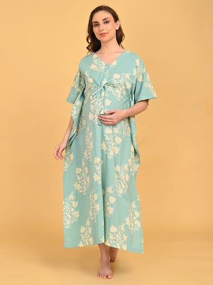 Splash Story Maternity and Nursing Kaftan Nighty angled front view emphasizing flowy fit and cream floral print.