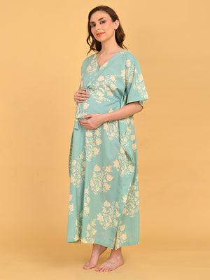 Splash Story Maternity and Nursing Kaftan Nighty three-quarter front pose with model cradling baby bump, showcasing soft drape and side slits.
