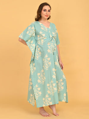 Splash Story Maternity and Nursing Kaftan Nighty relaxed front pose with model smiling, emphasizing comfort and breathable fabric.