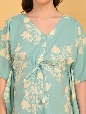 Splash Story Maternity and Nursing Kaftan Nighty close-up of V-neck with button placket for easy nursing access.