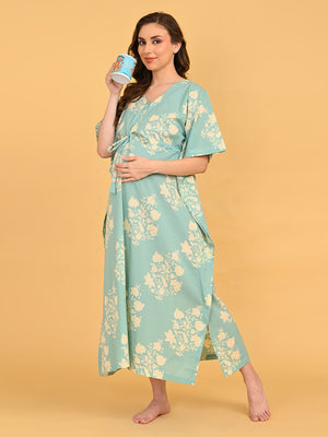 Splash Story Maternity and Nursing Kaftan Nighty detailed view of waist tie being adjusted, highlighting practical design.