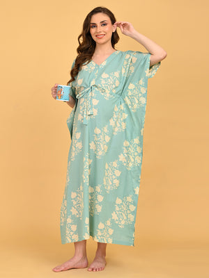 Splash Story Maternity and Nursing Kaftan Nighty full-length front view with model walking, highlighting V-neckline and adjustable waist tie.