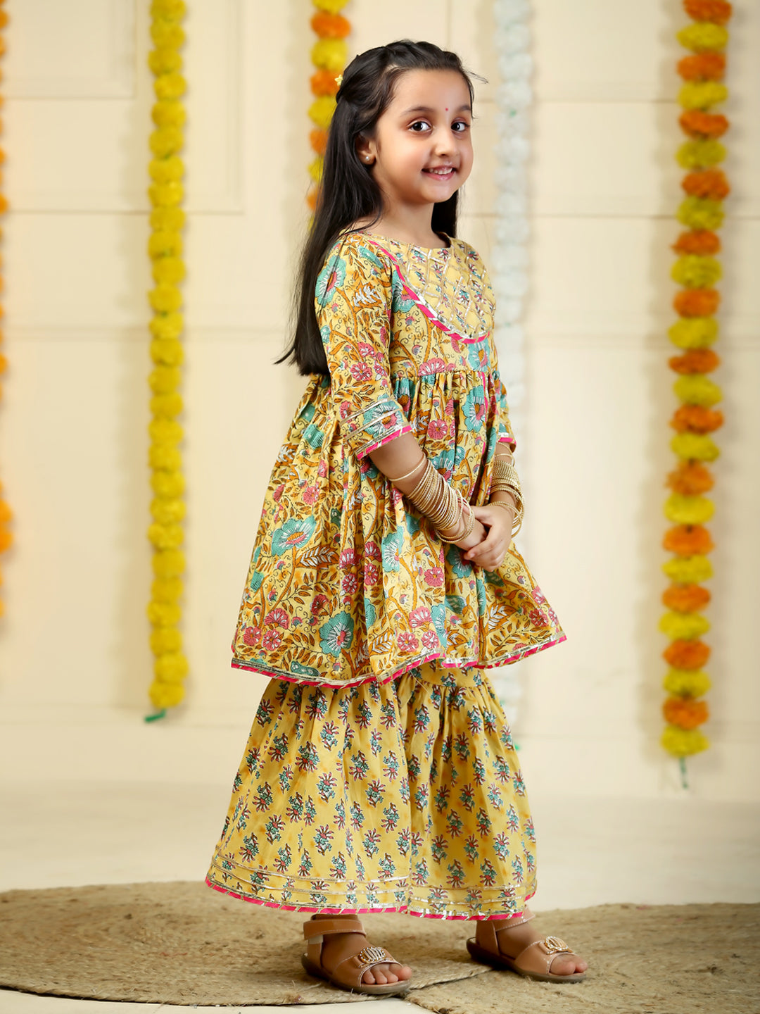 Sunehra Floral Print Girls Anarkali Kurta Sharara Set