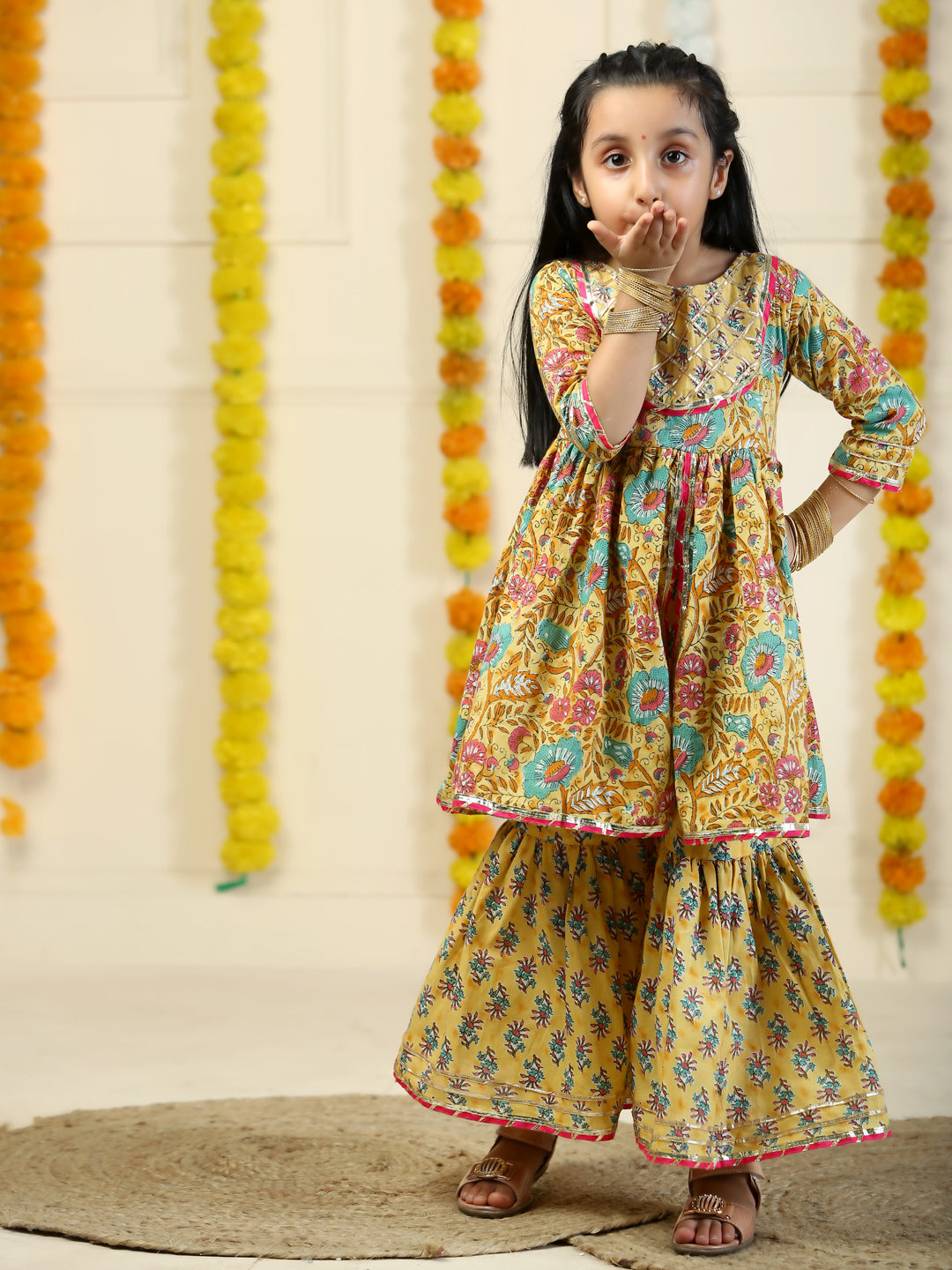 Sunehra Floral Print Girls Anarkali Kurta Sharara Set