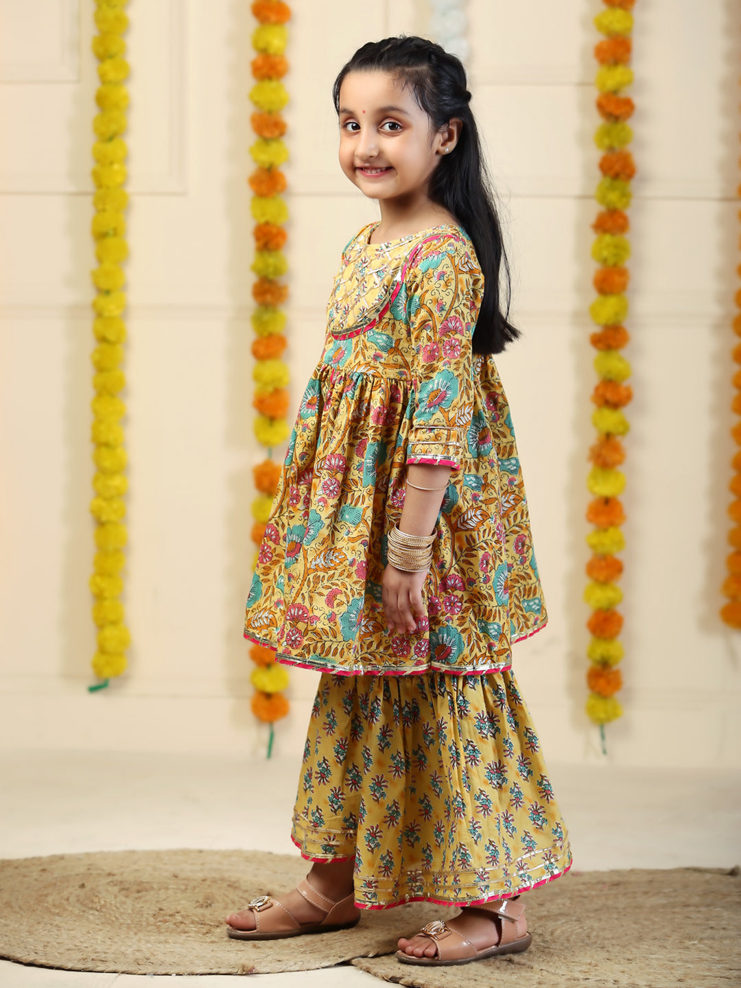 Sunehra Floral Print Girls Anarkali Kurta Sharara Set