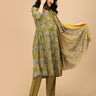 Model showcasing Sunehri Blooms yellow floral maternity kurta and dupatta set – side view with flowy dupatta.”