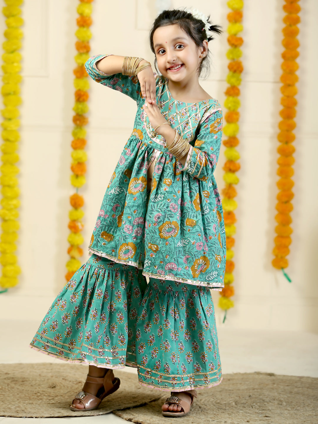 Tarang Floral Print Girls Anarkali Kurta Sharara Set