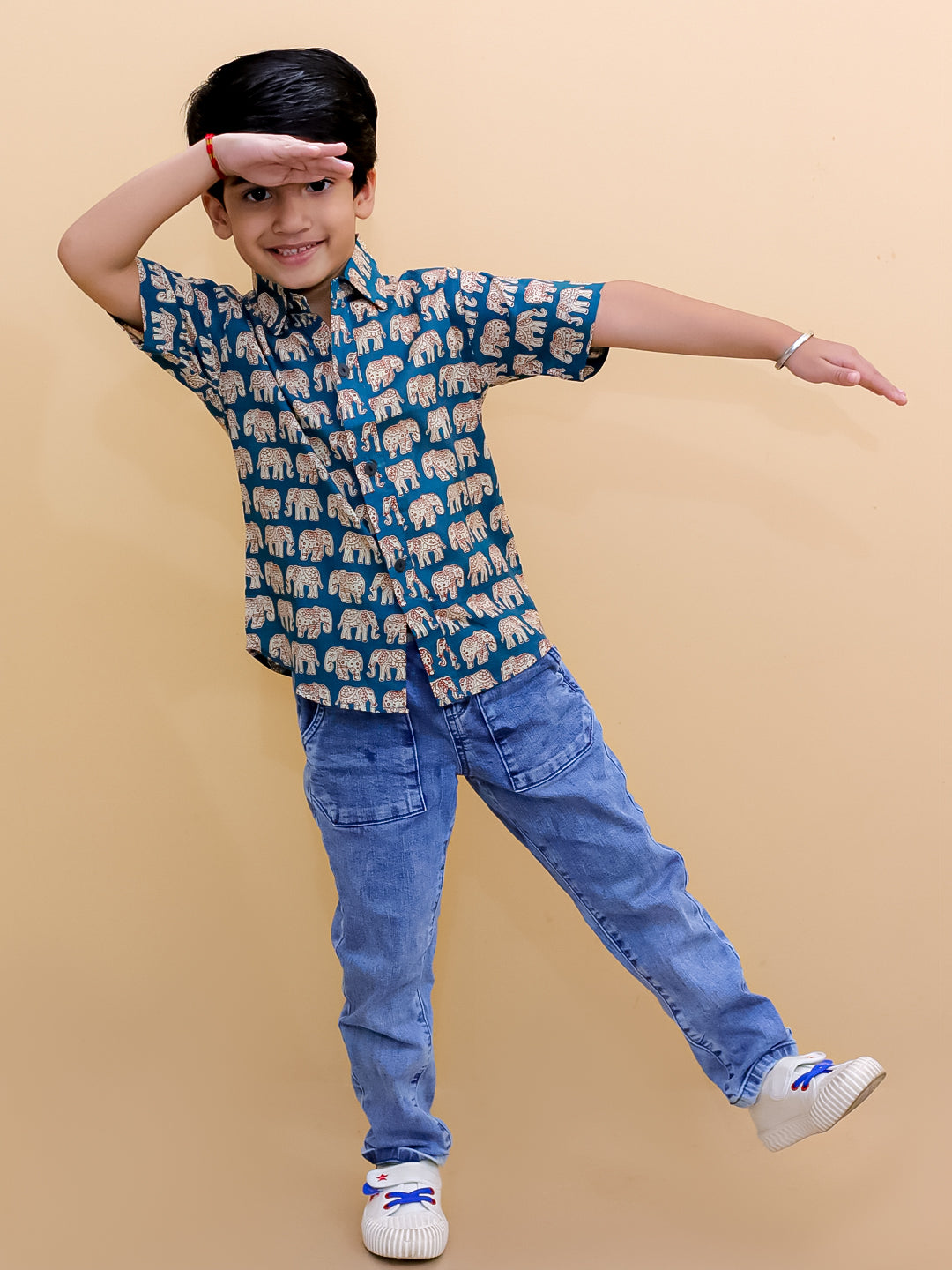 Twinning Combo-Teal Elephant Print Mens Shirt with Teal Elephant Print Boys Shirt