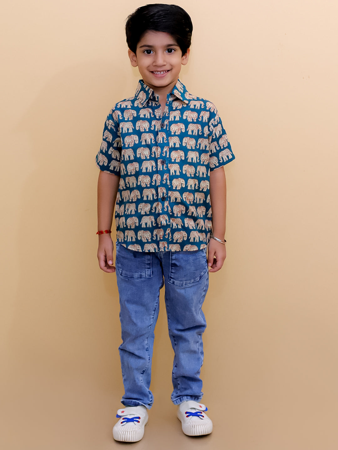 Twinning Combo-Teal Elephant Print Mens Shirt with Teal Elephant Print Boys Shirt