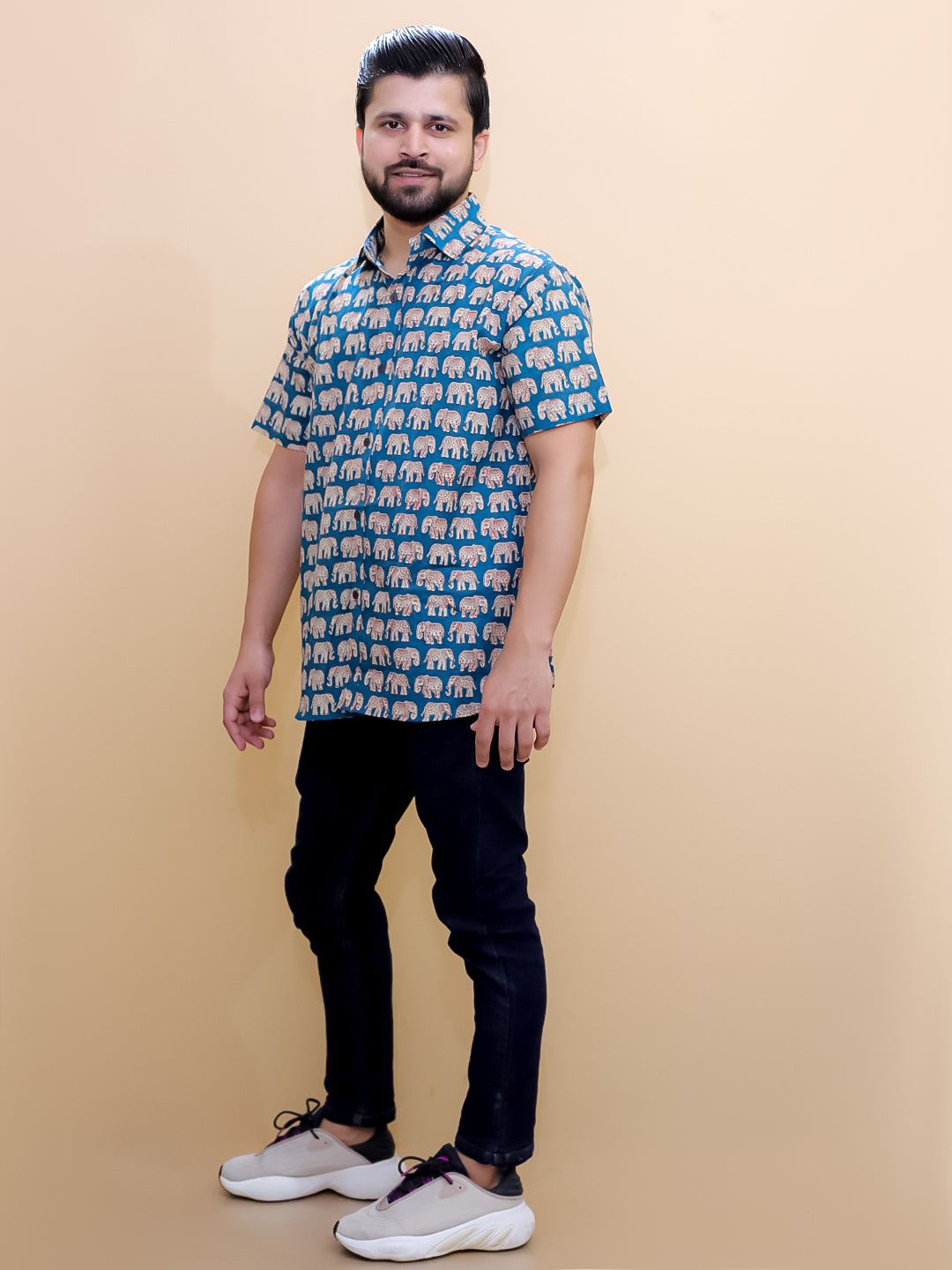 Twinning Combo-Teal Elephant Print Mens Shirt with Teal Elephant Print Boys Shirt