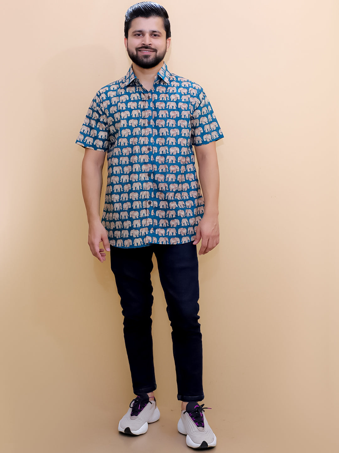 Twinning Combo-Teal Elephant Print Mens Shirt with Teal Elephant Print Boys Shirt