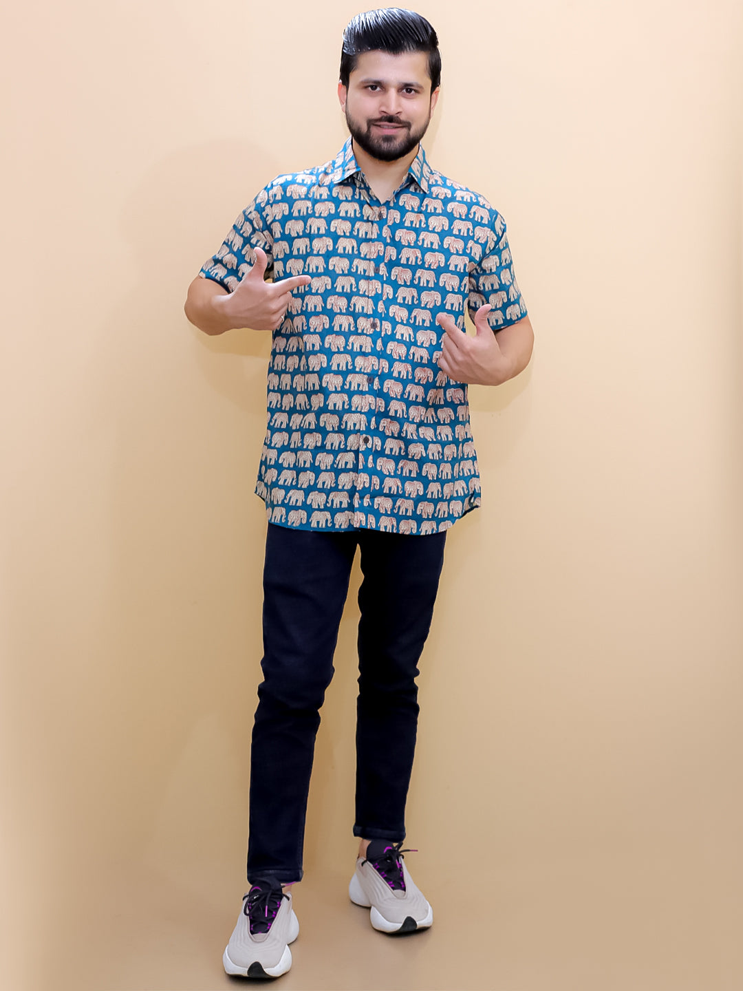 Twinning Combo-Teal Elephant Print Mens Shirt with Teal Elephant Print Boys Shirt