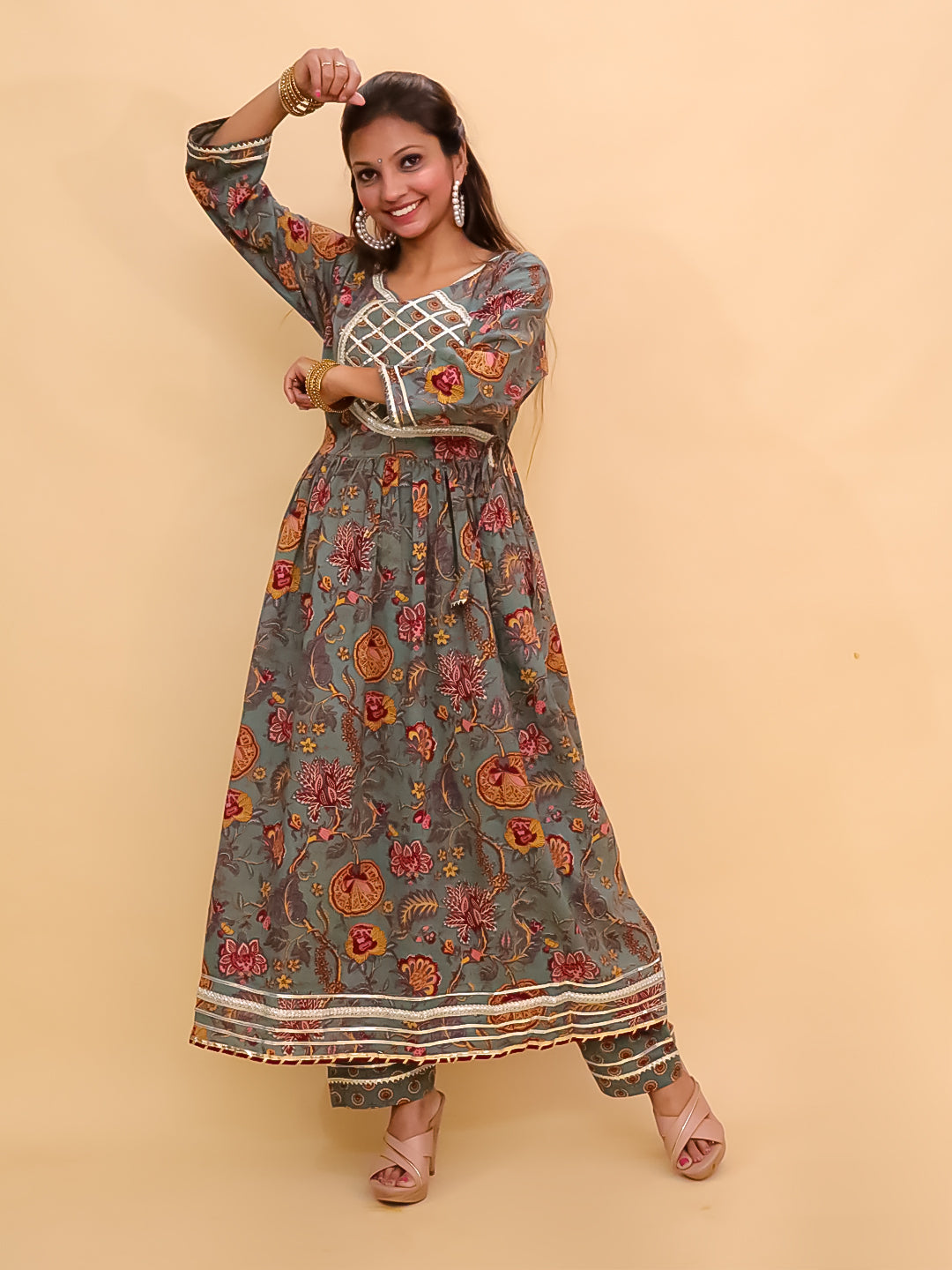 Twinning Combo- Tealrang Womens Kurta Set with Girls Anarkali Sharara Set