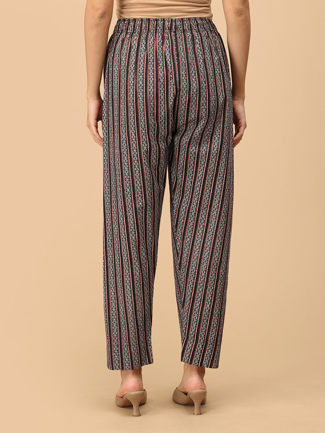 Back view of Ajrakh print maternity straight pants with elasticated waistband.