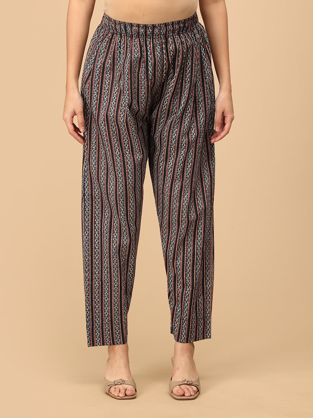 Front view of Ajrakh print maternity straight pants with elasticated waistband.