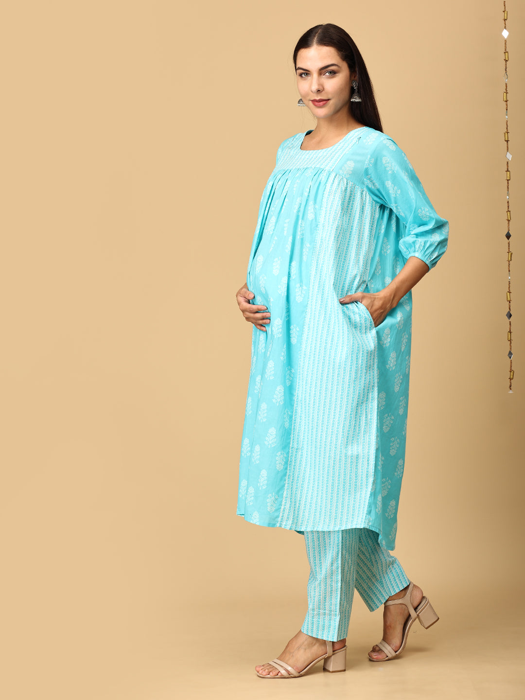 Turquoise Treasure Maternity and Nursing Kurta Set With Dupatta