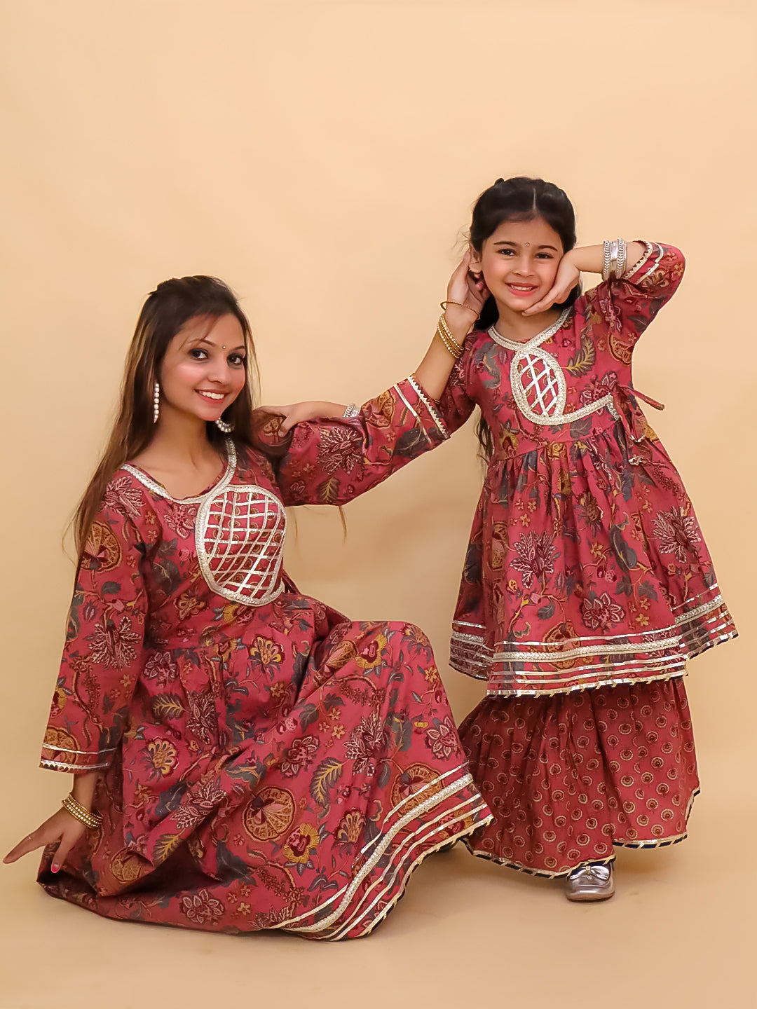 Twinning Combo-Aangan Aabha Womens Kurta Set with Girls Anarkali Sharara Set