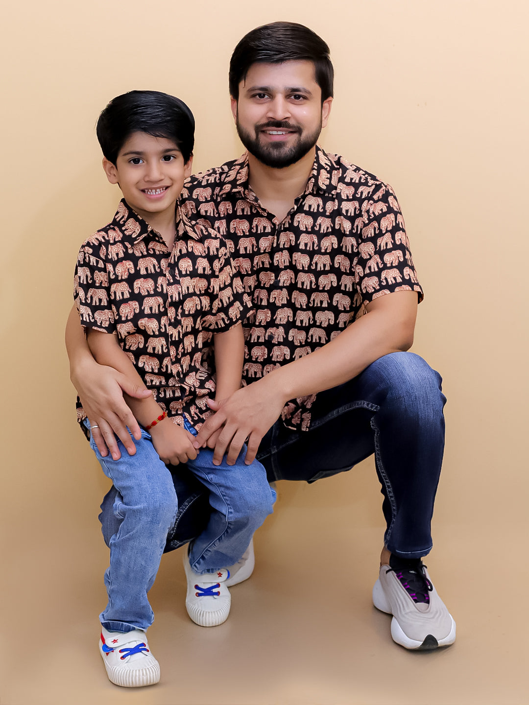 Twinning Combo-Black Elephant Print Mens Shirt with Black Elephant Print Boys Shirt