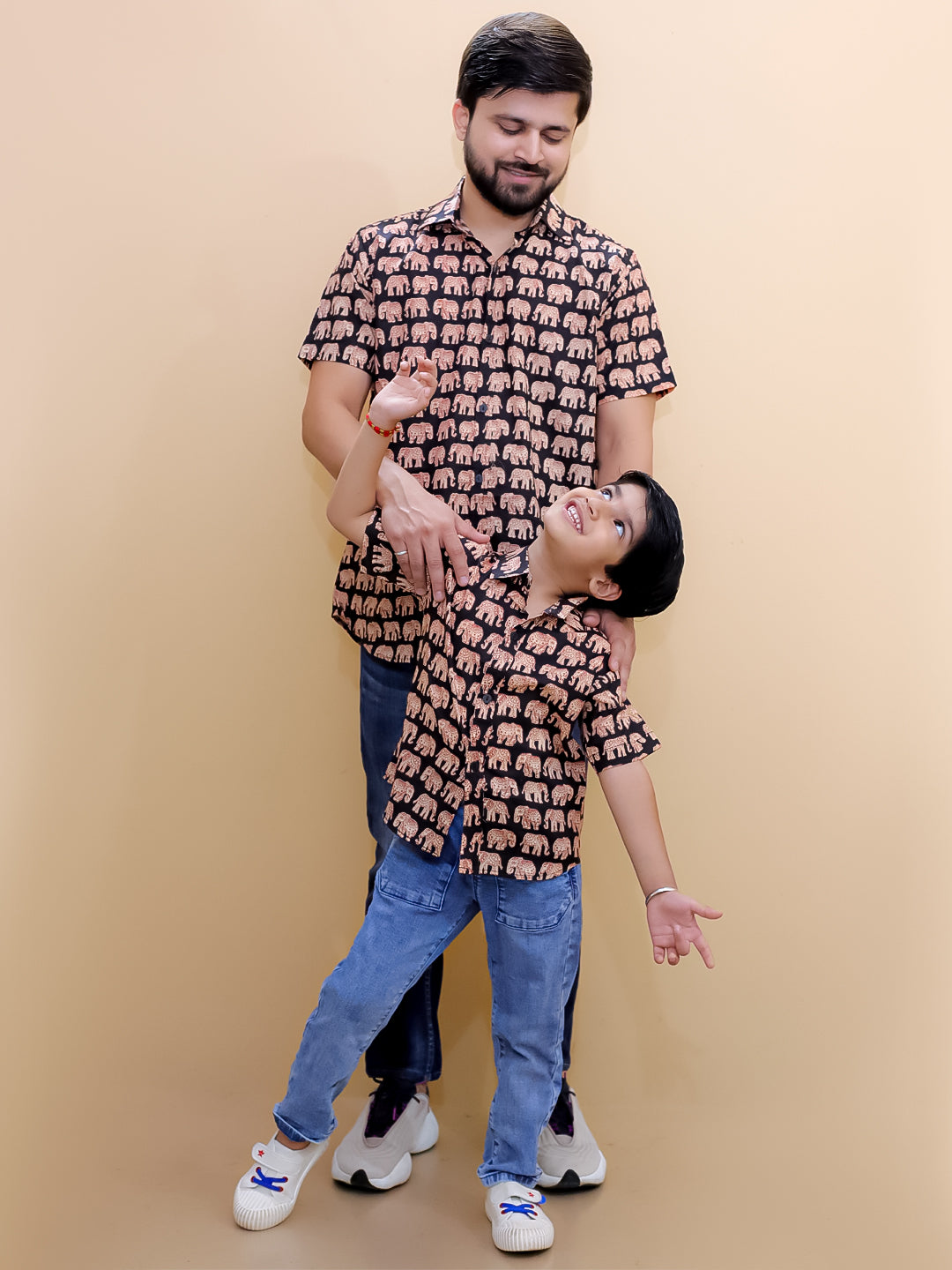 Twinning Combo-Black Elephant Print Mens Shirt with Black Elephant Print Boys Shirt