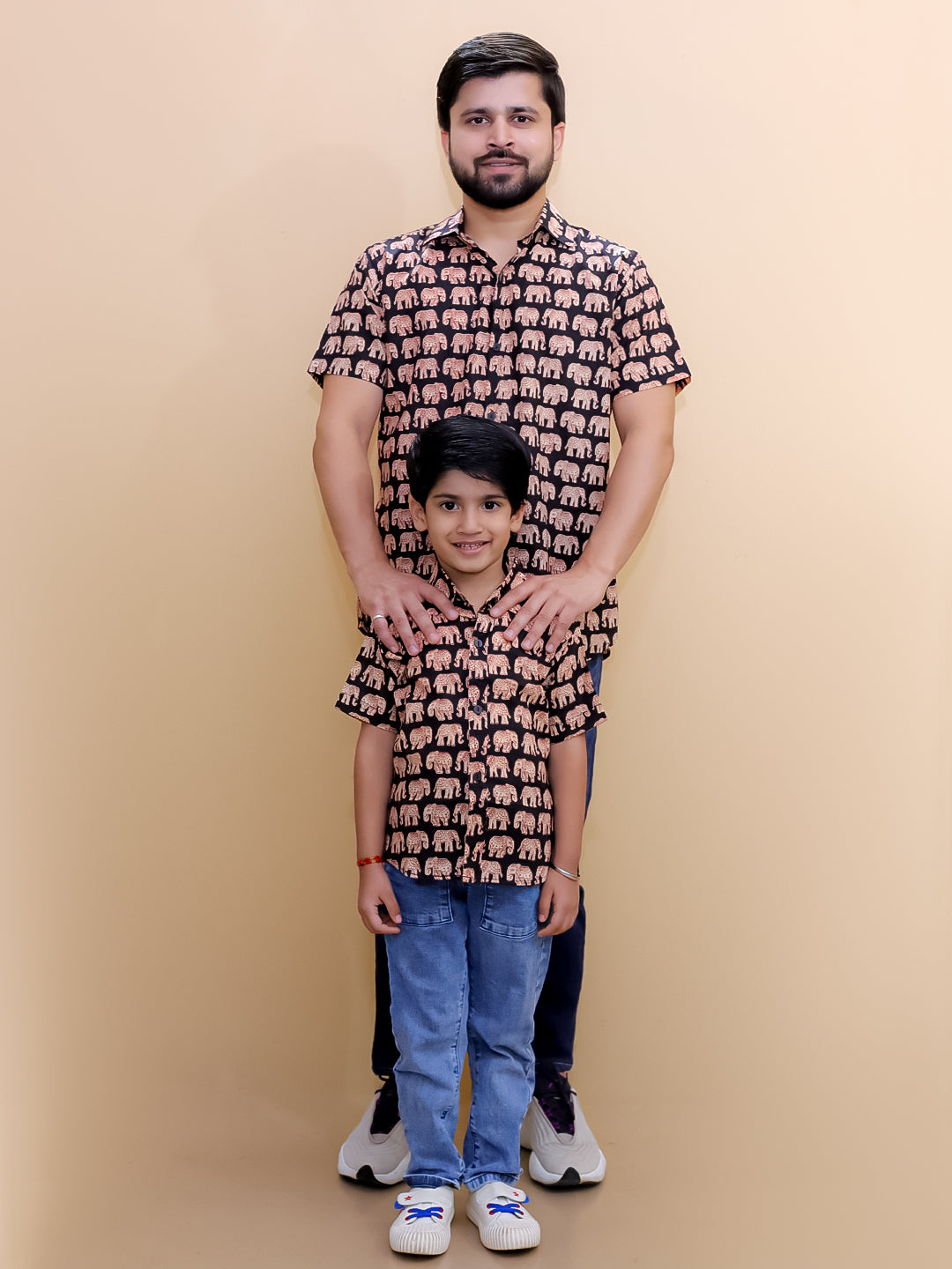 Twinning Combo-Black Elephant Print Mens Shirt with Black Elephant Print Boys Shirt