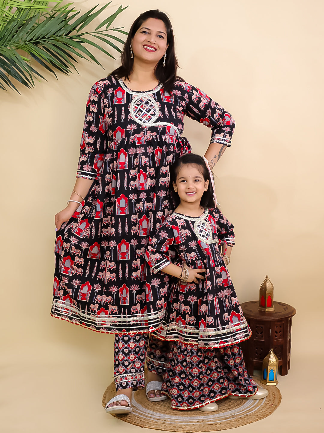 Twinning Combo-Ragini Mudra Anarkali Kurta Set with Girls Anarkali Sharara Set