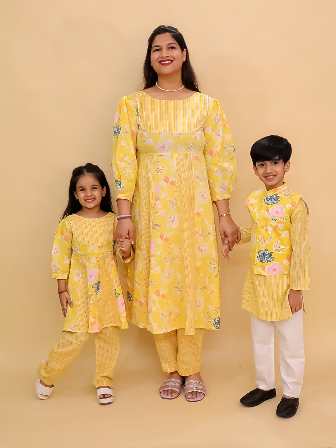 Twinning Combo-Ray of Style Women's Anarkali Set with Girls Anarkali Set & Boys Jacket Kurta Pajama