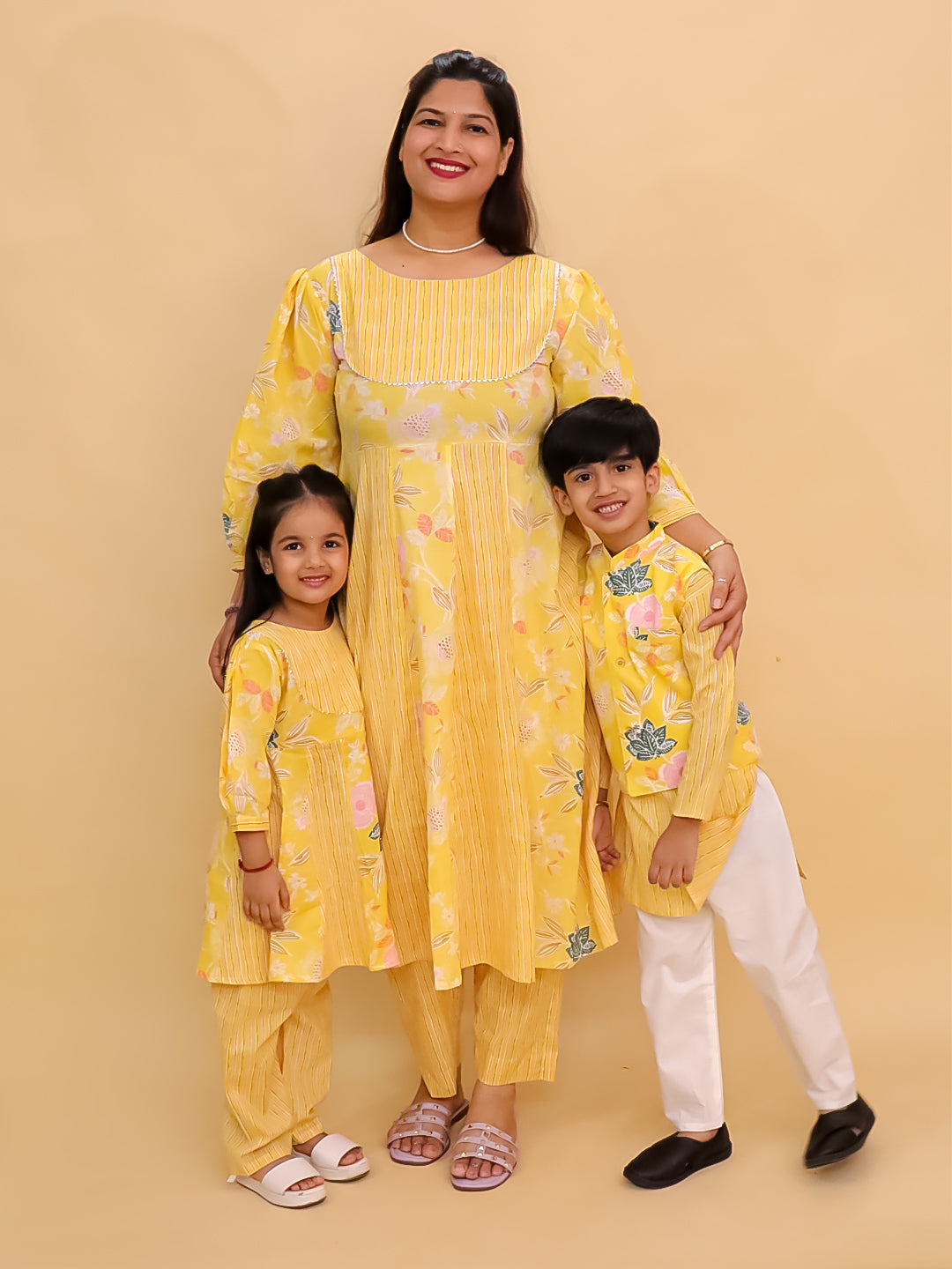 Twinning Combo-Ray of Style Women's Anarkali Set with Girls Anarkali Set & Boys Jacket Kurta Pajama