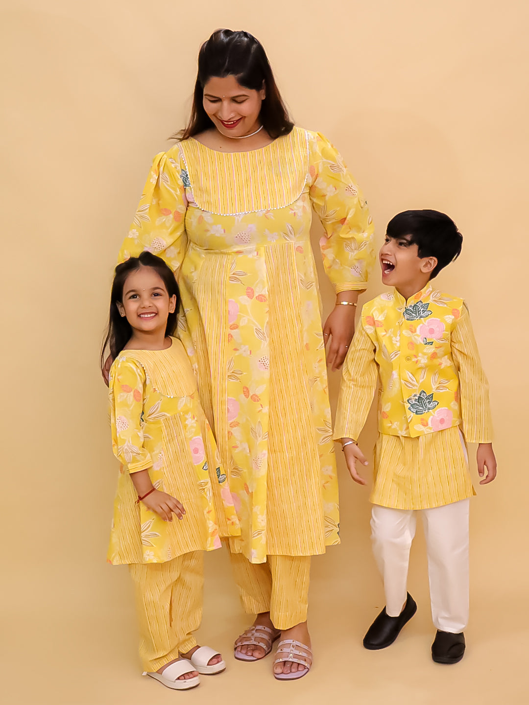 Twinning Combo-Ray of Style Women's Anarkali Set with Girls Anarkali Set & Boys Jacket Kurta Pajama