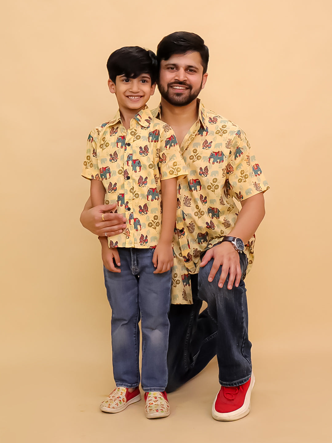 Twinning Combo-Teal-a-Trunk Elephant Print Men's Shirt and Boys Shirt